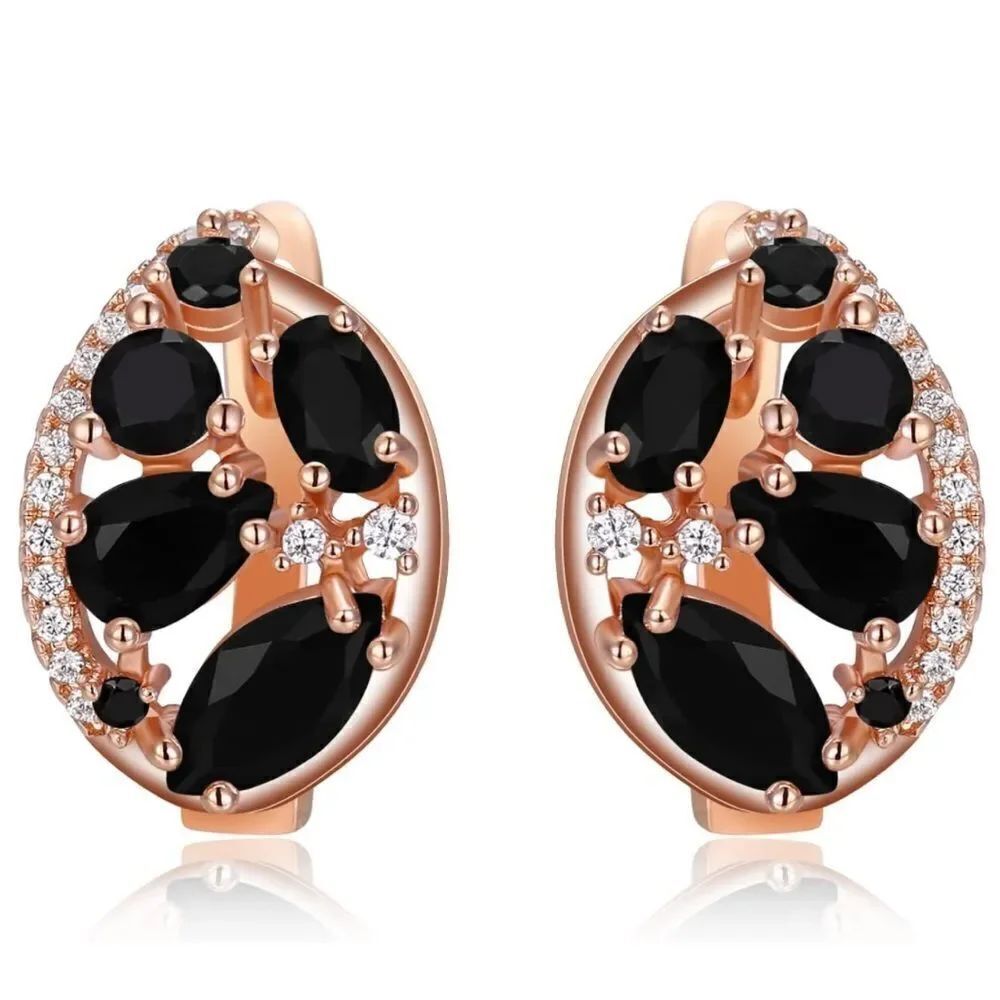 Rose Gold with Black Onyx and Diamond Cubic Zirconia French Clip Oval Earrings